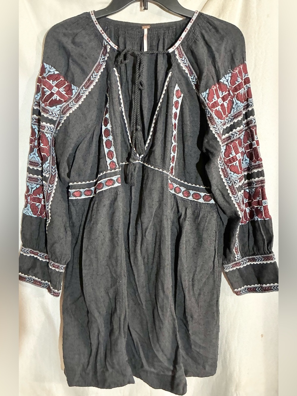 Free People Black Peasant Dress Sz M Mini Embroidered Boho Hippie chic